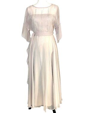 Vintage 80s Dan Leslie Champagne Rhinestone Chiffon Cape Sleeve Formal Gown XS/S